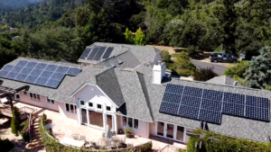 Asphalt shingle roof install in Santa Cruz California installed with solar panels completed by Redwood Roofs