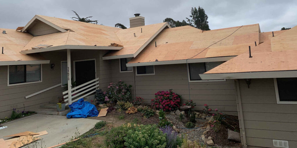 Reroof in progress on a home in Capitola, CA by top roofing contractor, Redwood Roofing and Repair